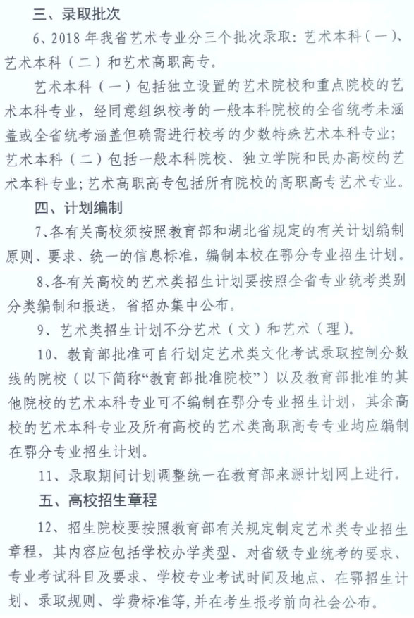 2018年湖北省艺术类专业招生办法