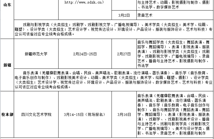 四川文化艺术学院2018年省外艺术类校考时间表