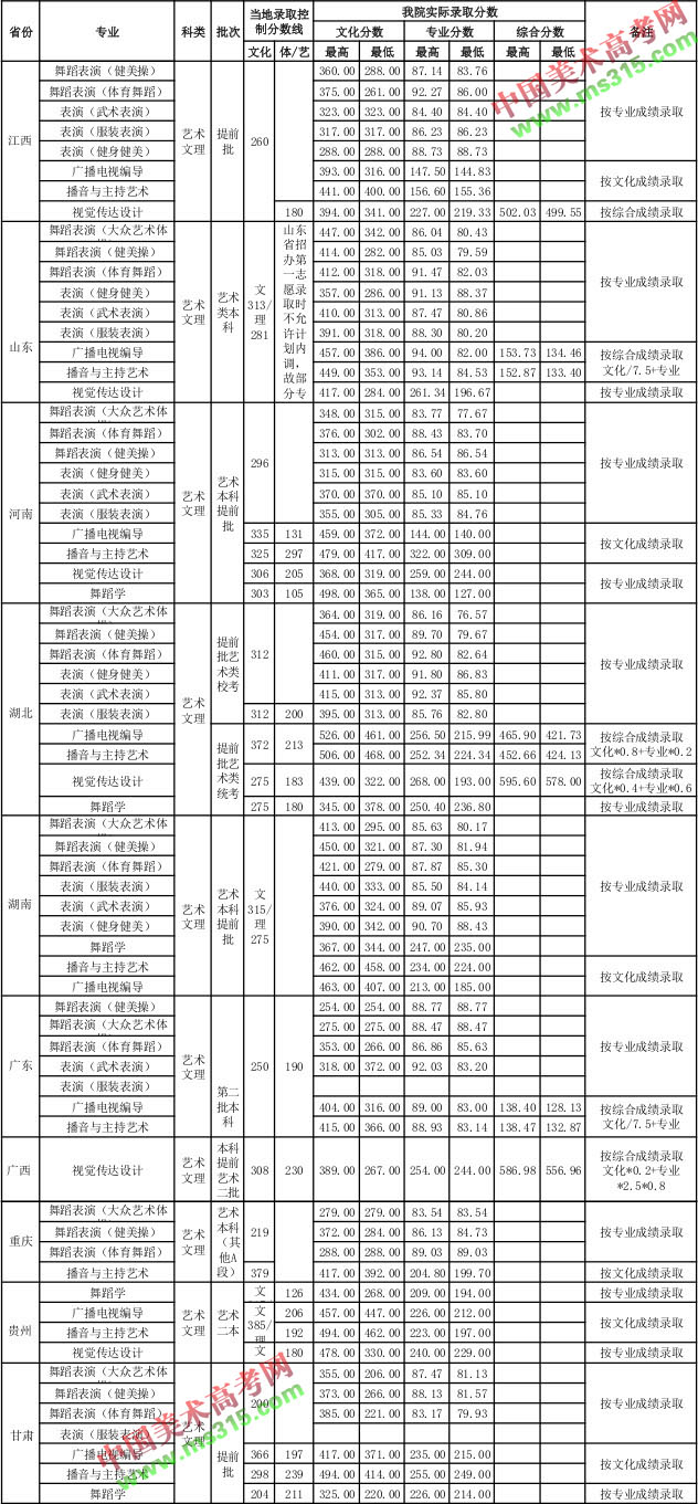 2017武汉体育学院艺术类本科专业录取分数线