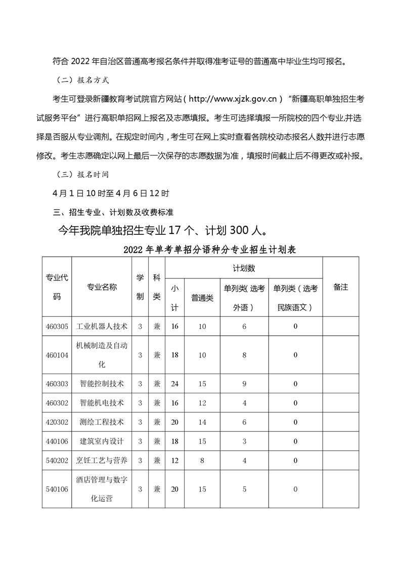 石河子工程职业技术学院2022年单招招生章程